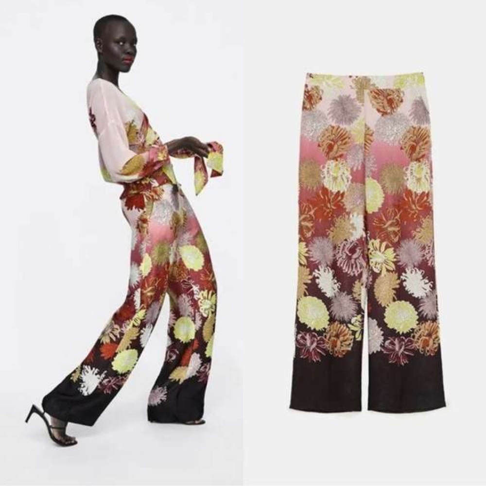 Zara Satin Floral Flowy Wide Leg High Rise Patterned Trousers Pants L